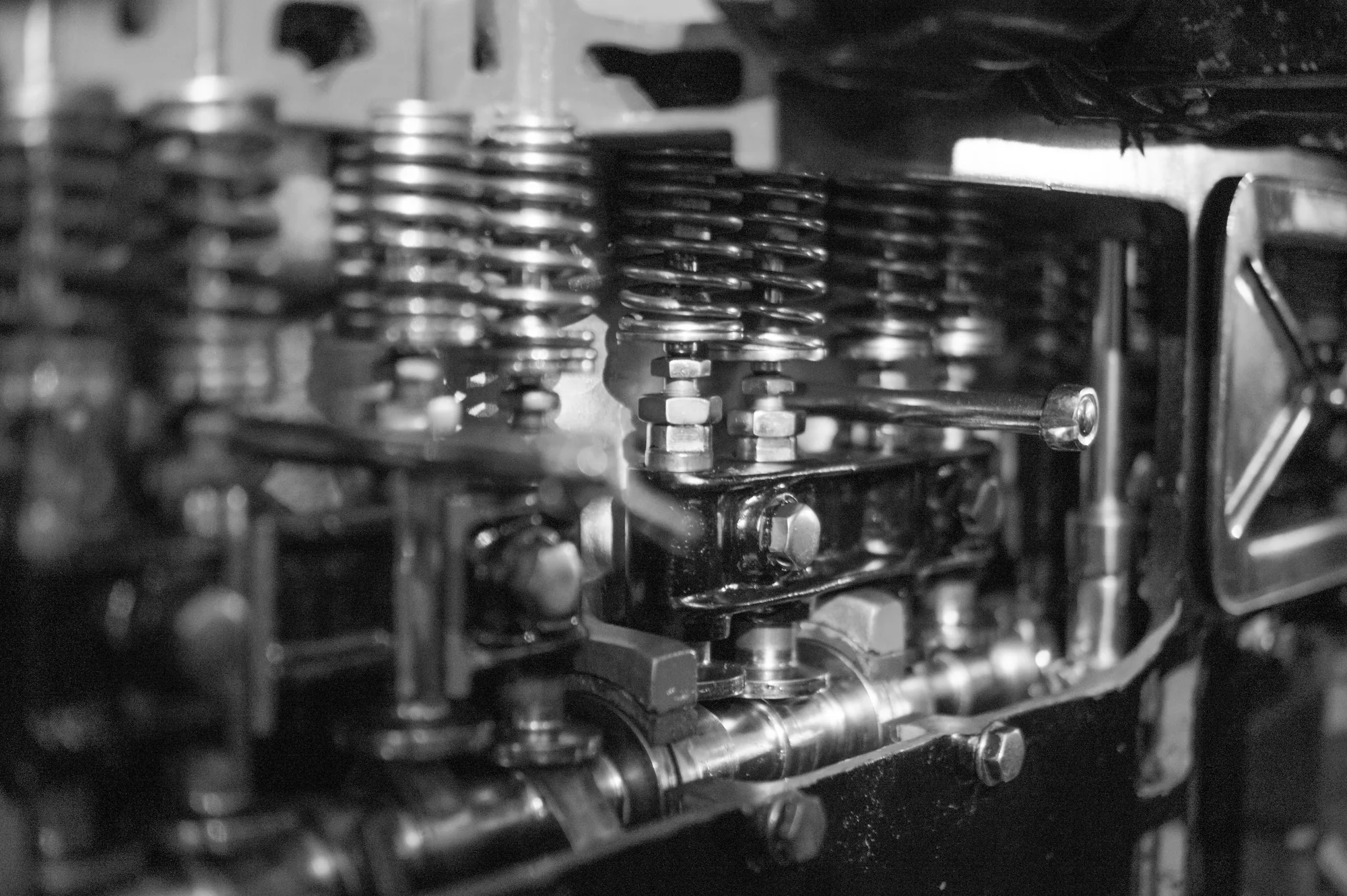Engine valve springs and rocker arms in monochrome